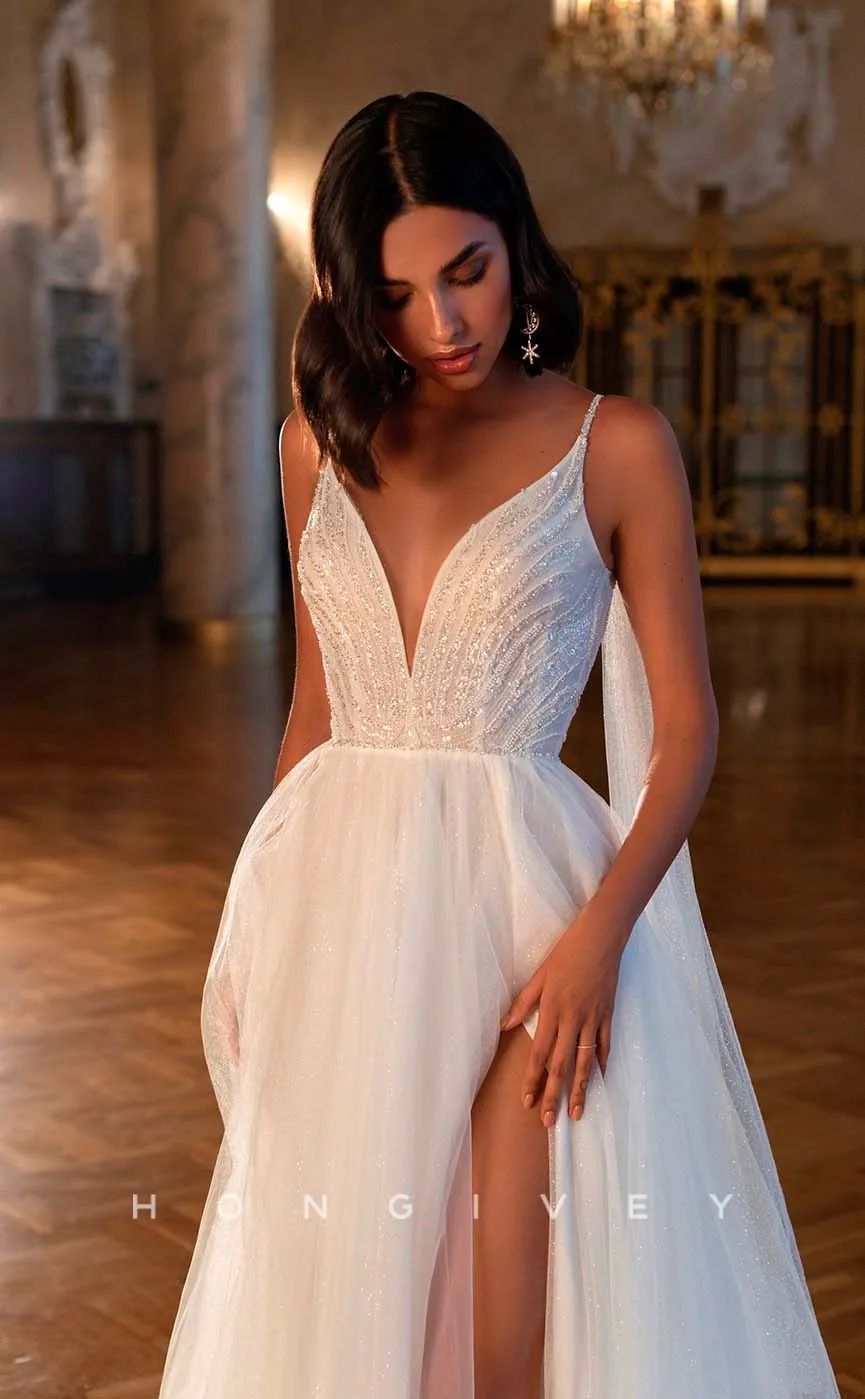 H1008 - Sexy V-Neck Spaghetti Straps Backless With Side Slit Long Beach/Bohemian Wedding Dress