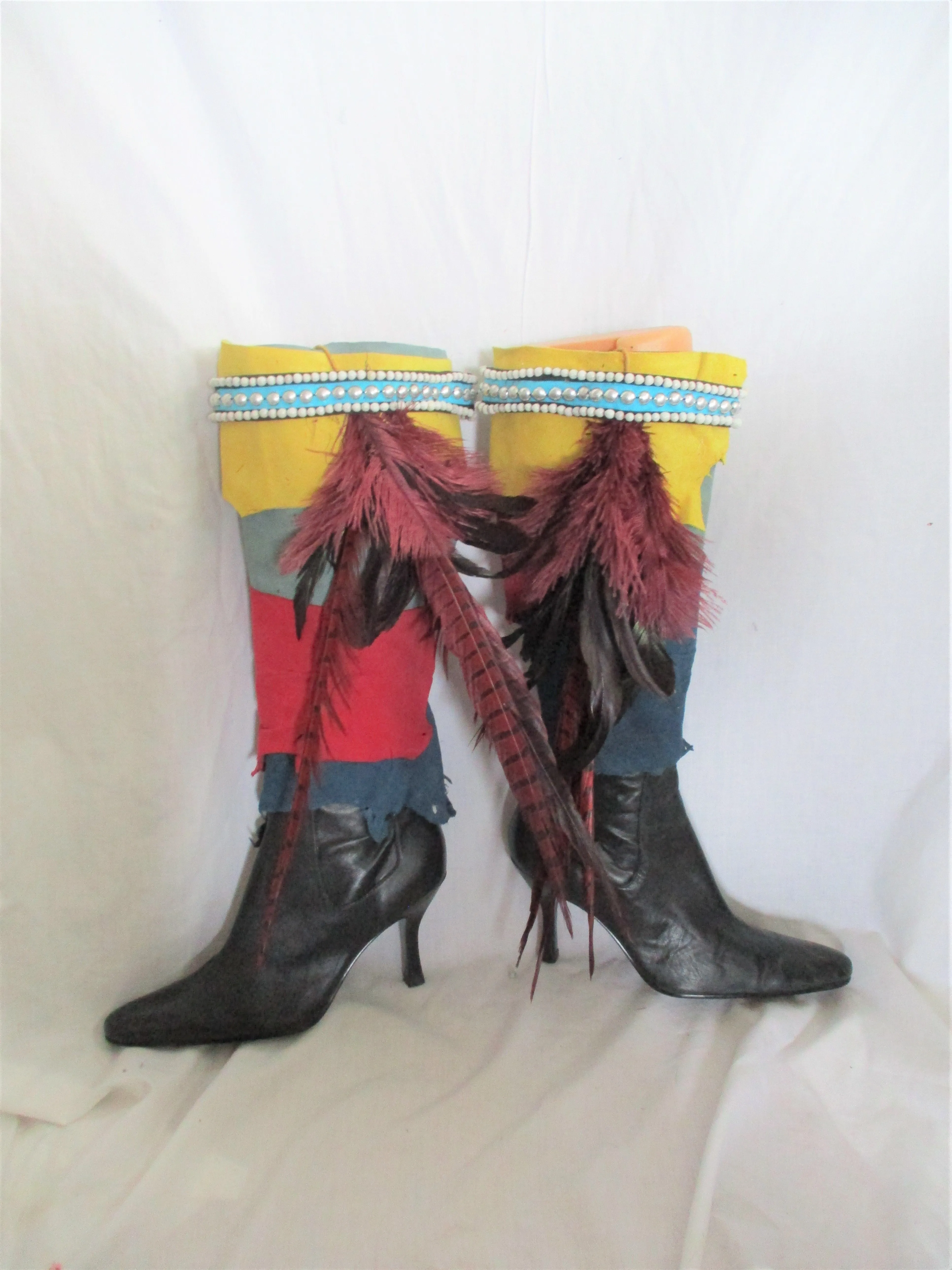 Handmade Upcycled ENZO ANGIOLINI Knee High Boot Feather Boho Hippie 7 Leather Patchwork