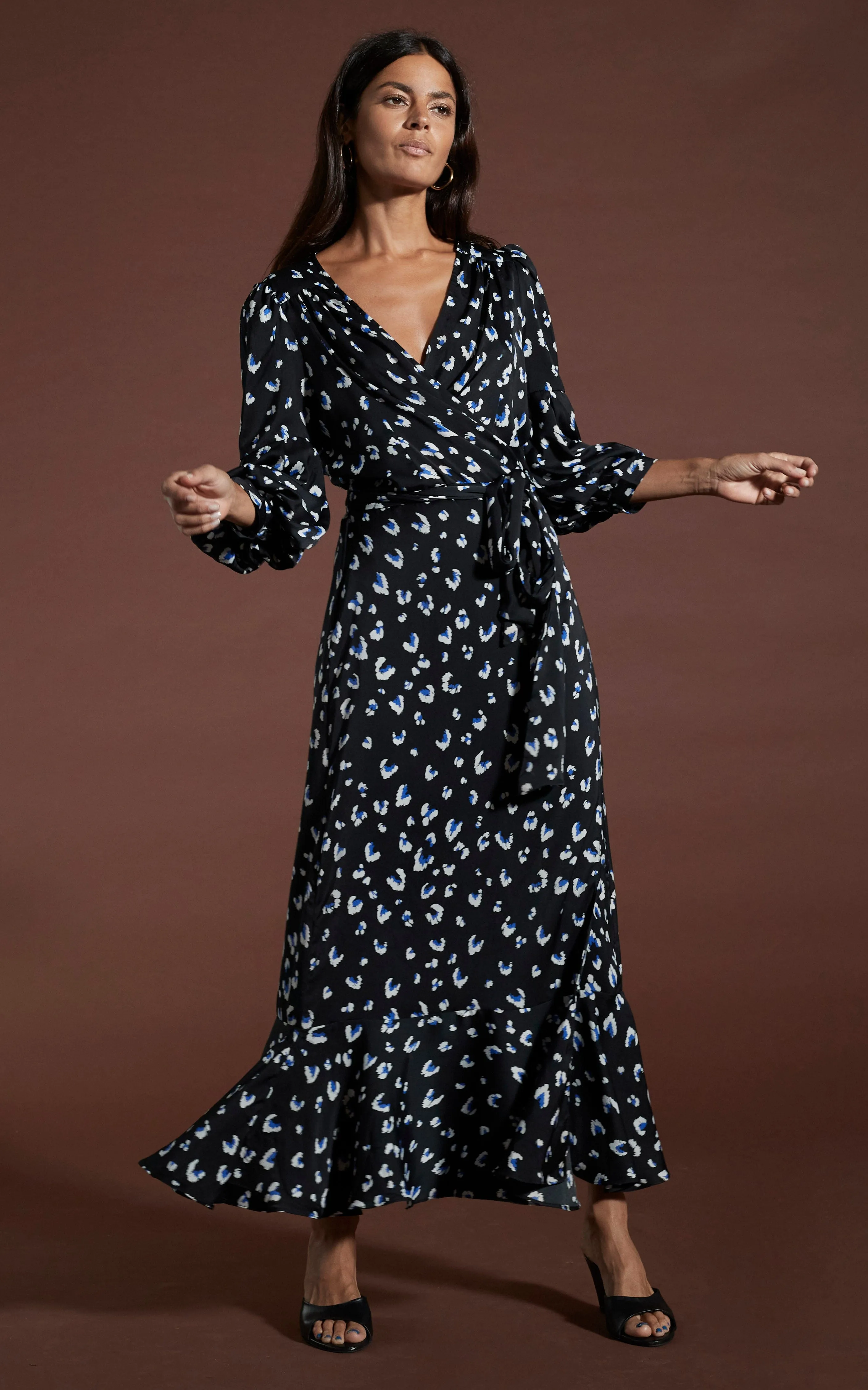 Havannah Maxi Wrap Dress in Abstract White on Black Leopard