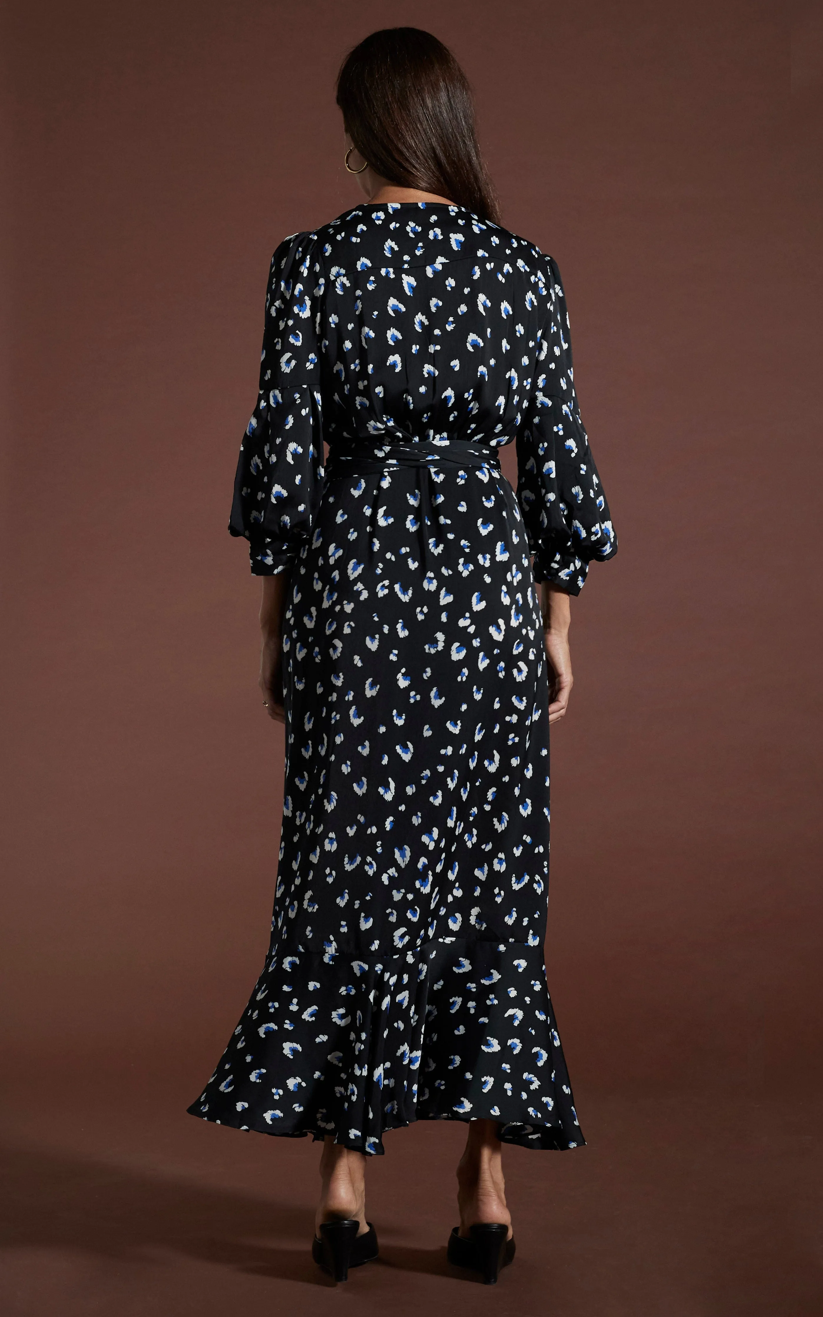 Havannah Maxi Wrap Dress in Abstract White on Black Leopard