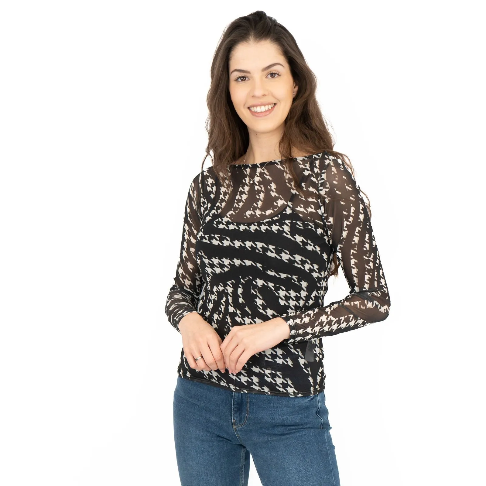 Karen Millen Black Abstract Houndstooth Print Long Sleeve Mesh Tops