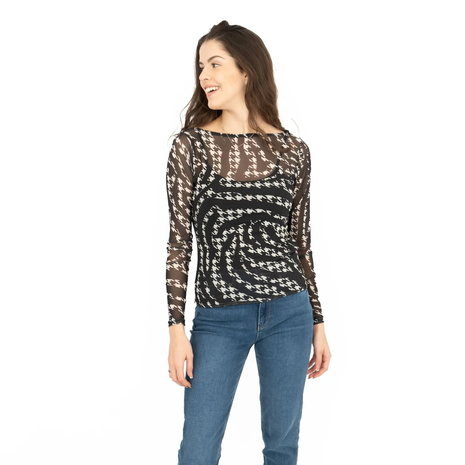 Karen Millen Black Abstract Houndstooth Print Long Sleeve Mesh Tops