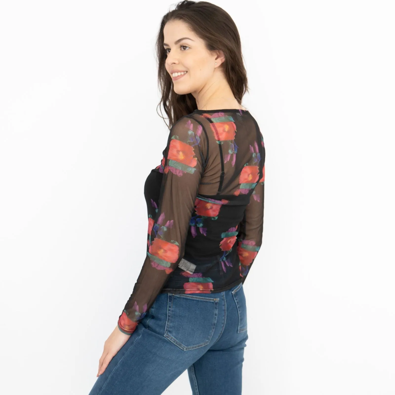 Karen Millen Black Floral Long Sleeve Boat Neck Mesh Top