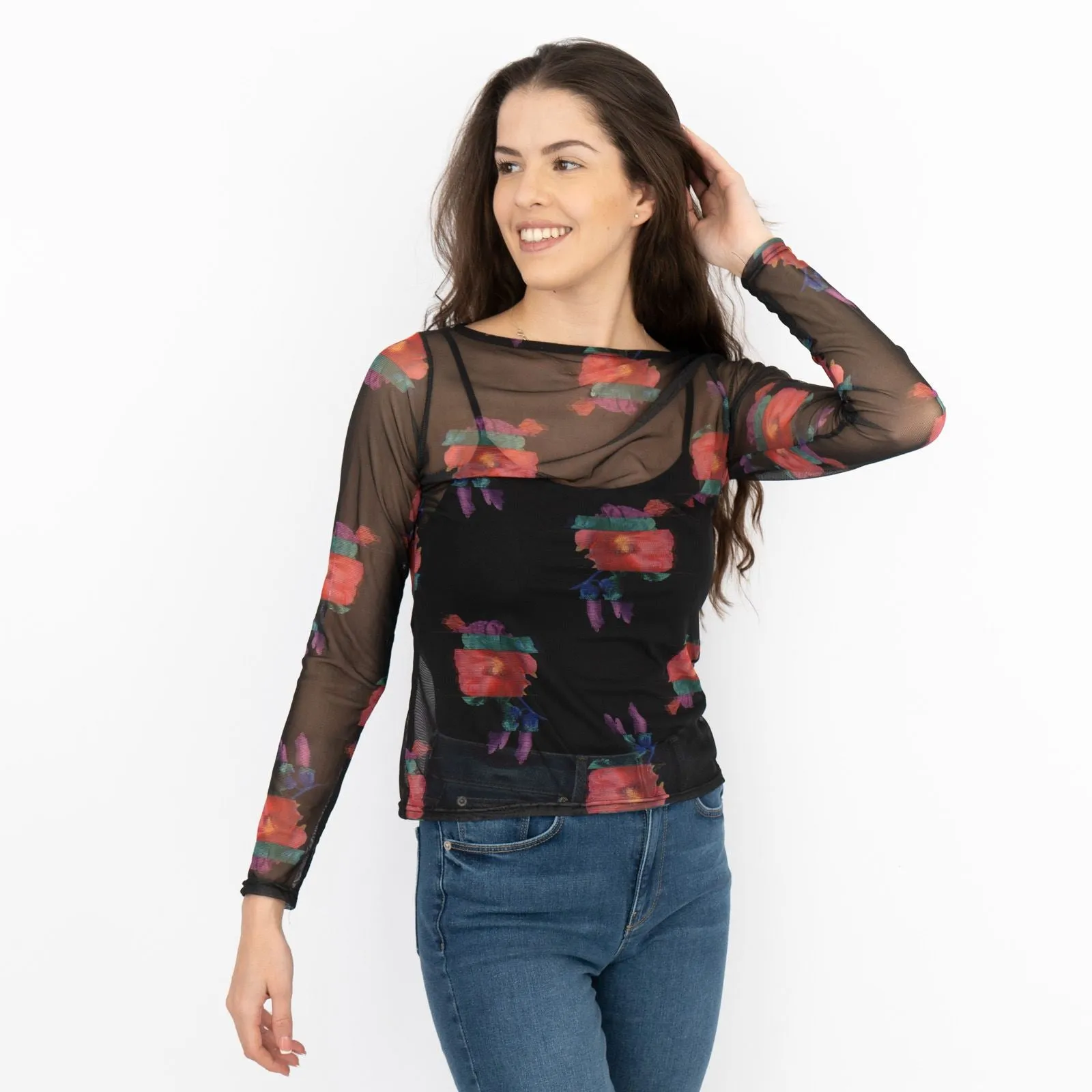 Karen Millen Black Floral Long Sleeve Boat Neck Mesh Top