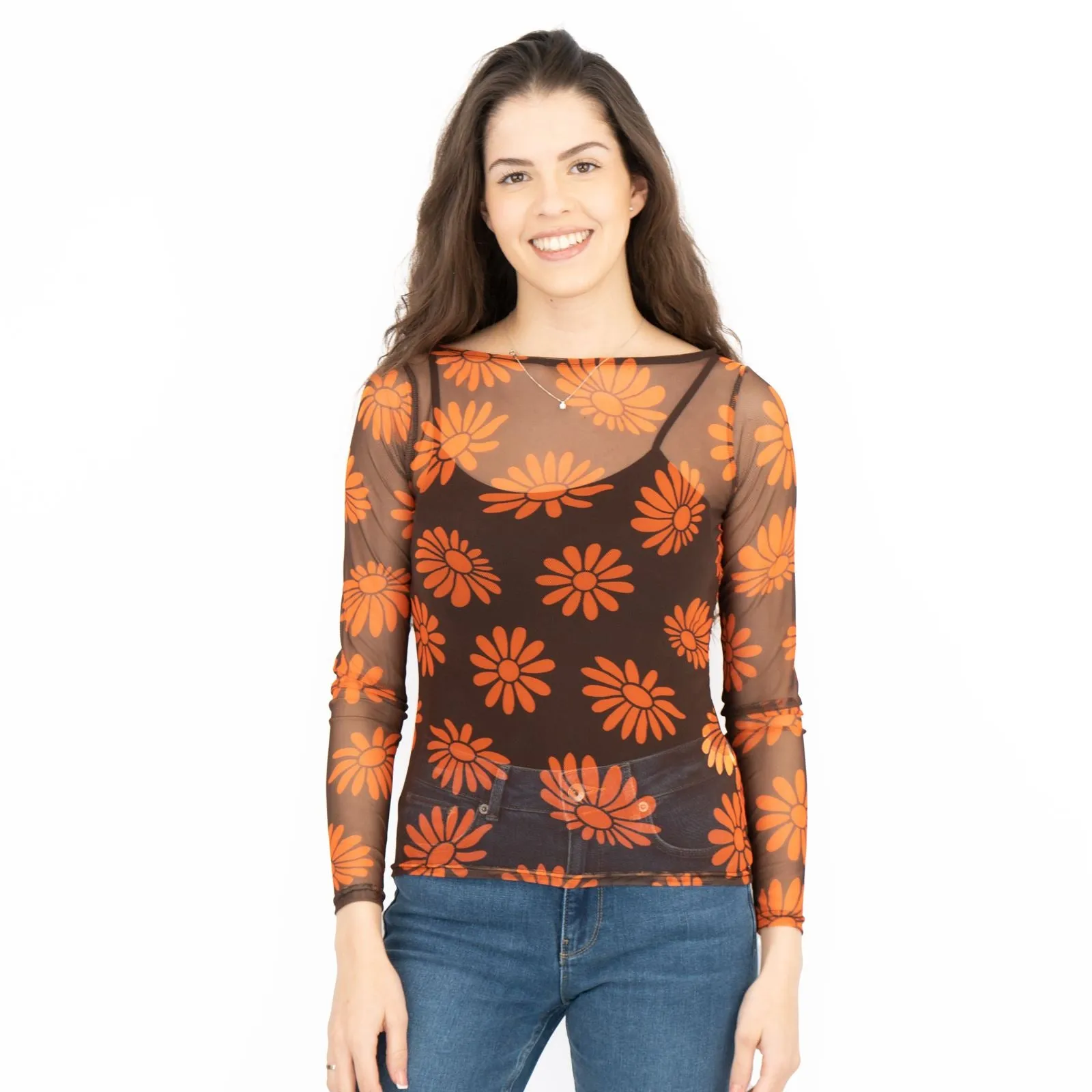 Karen Millen Floral Brown & Orange Boat Neck Long Sleeve Mesh Tops