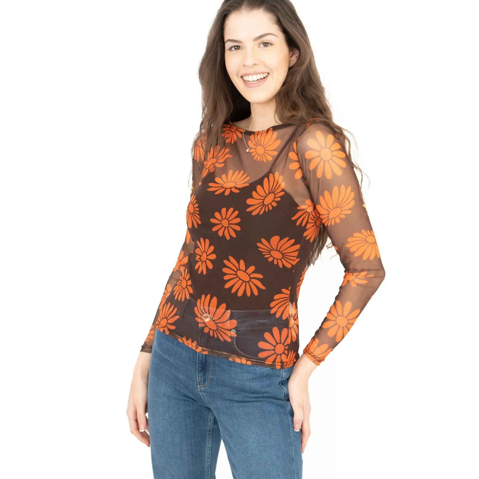 Karen Millen Floral Brown & Orange Boat Neck Long Sleeve Mesh Tops