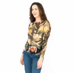 Karen Millen Floral Tulip Mesh Top Womens Long Sleeve Round Neck