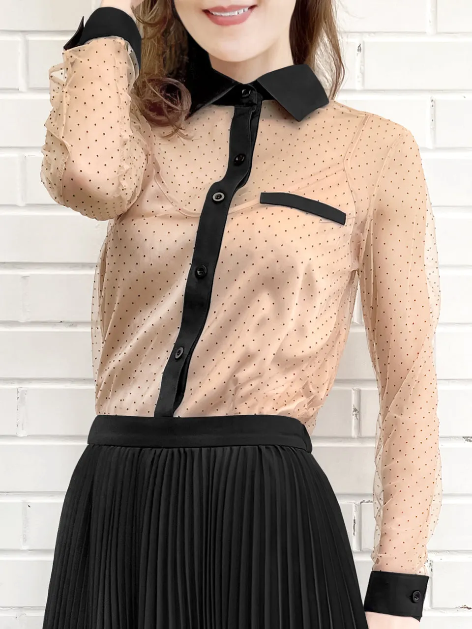 Last Chance! Mesh Polka Dot Contrast Detail Blouse (With Camisole Lining)