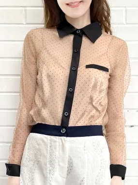 Last Chance! Mesh Polka Dot Contrast Detail Blouse (With Camisole Lining)