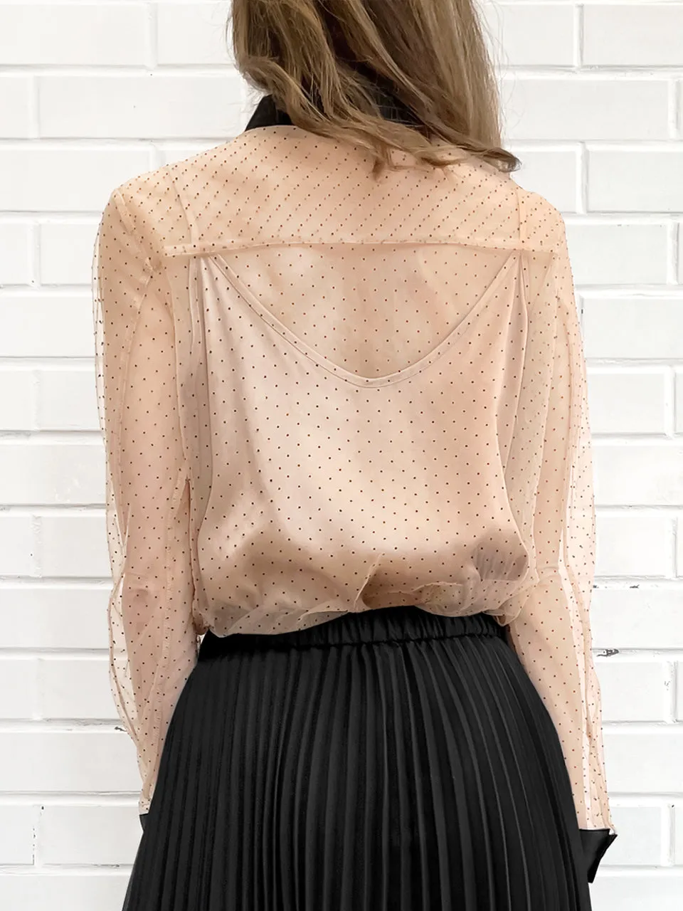 Last Chance! Mesh Polka Dot Contrast Detail Blouse (With Camisole Lining)