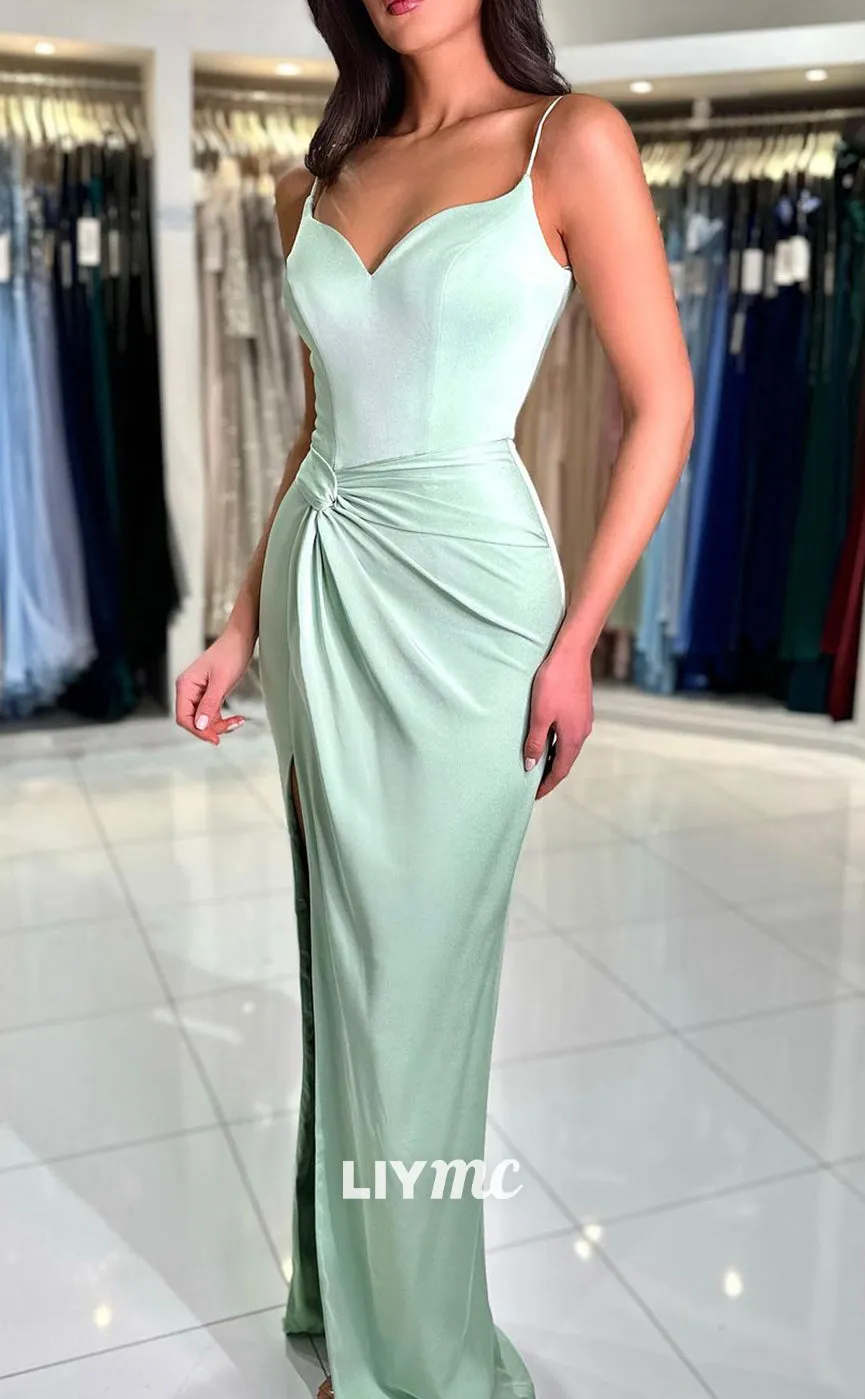 LP1348 - Sexy & Hot Column Sheath V Neck Straps Ruched Prom Party Dress with Slit