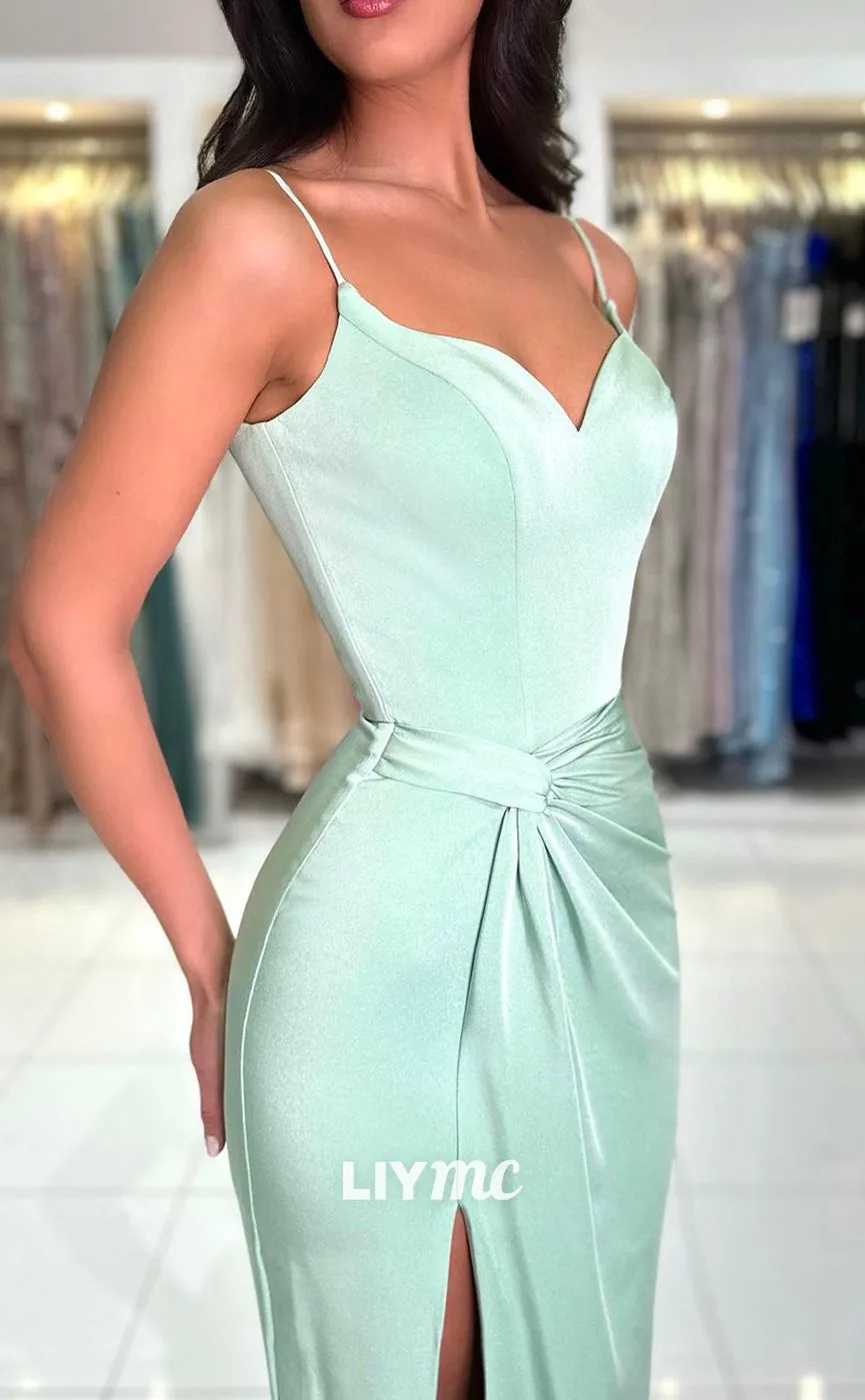 LP1348 - Sexy & Hot Column Sheath V Neck Straps Ruched Prom Party Dress with Slit