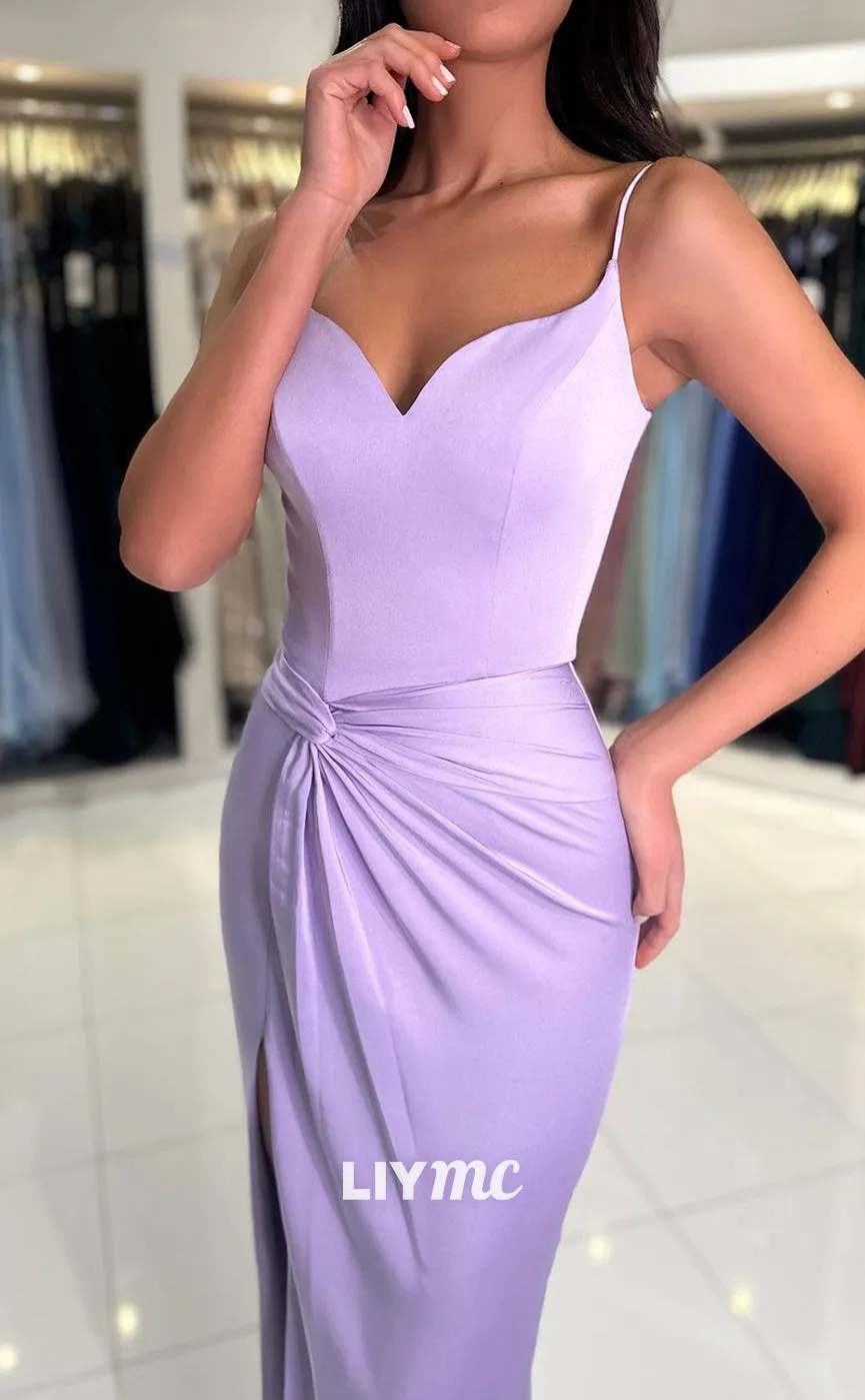 LP1348 - Sexy & Hot Column Sheath V Neck Straps Ruched Prom Party Dress with Slit