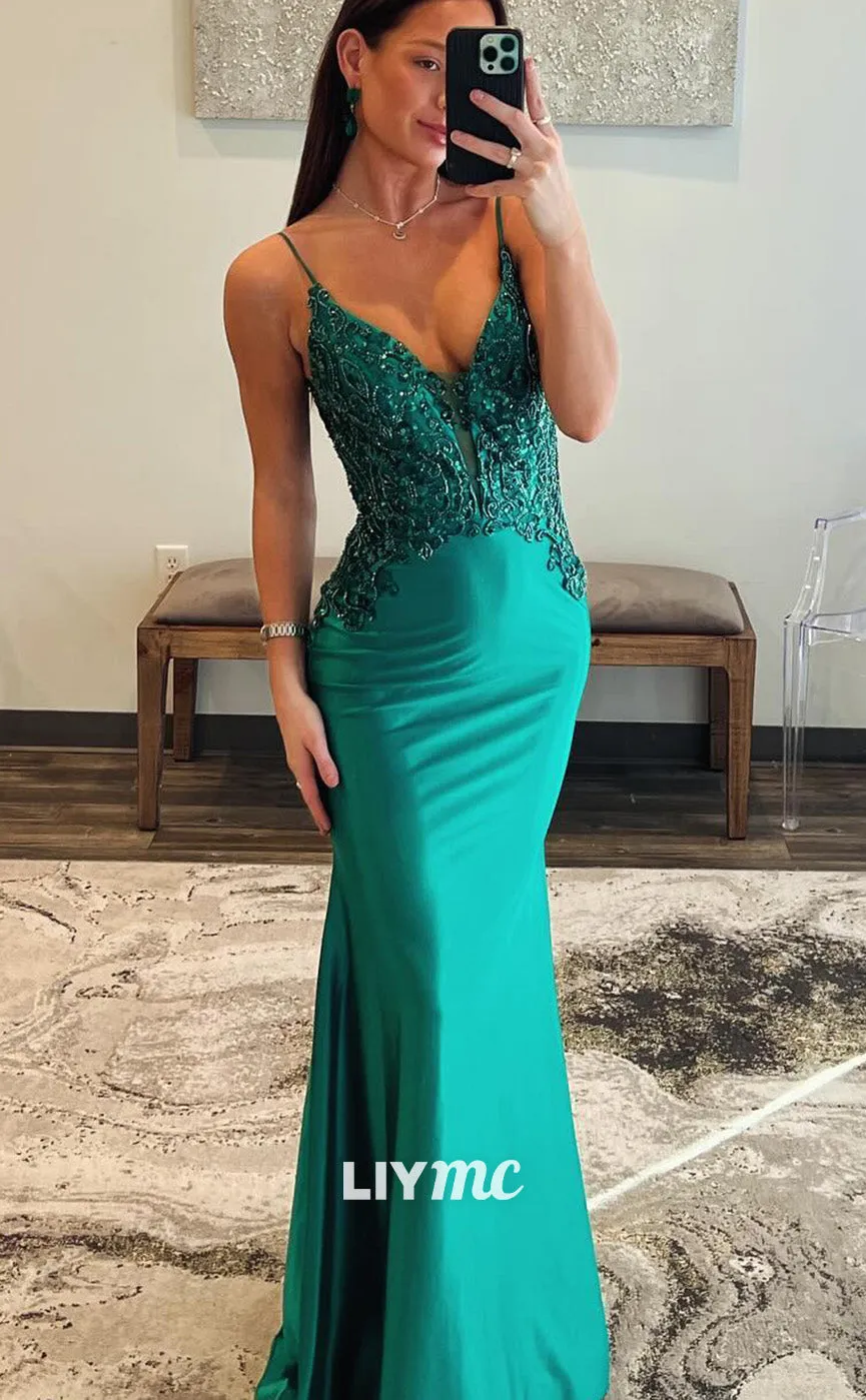 LP2050 - V-Neck Backless Appliques Sleek Satin Sheath Prom Dress