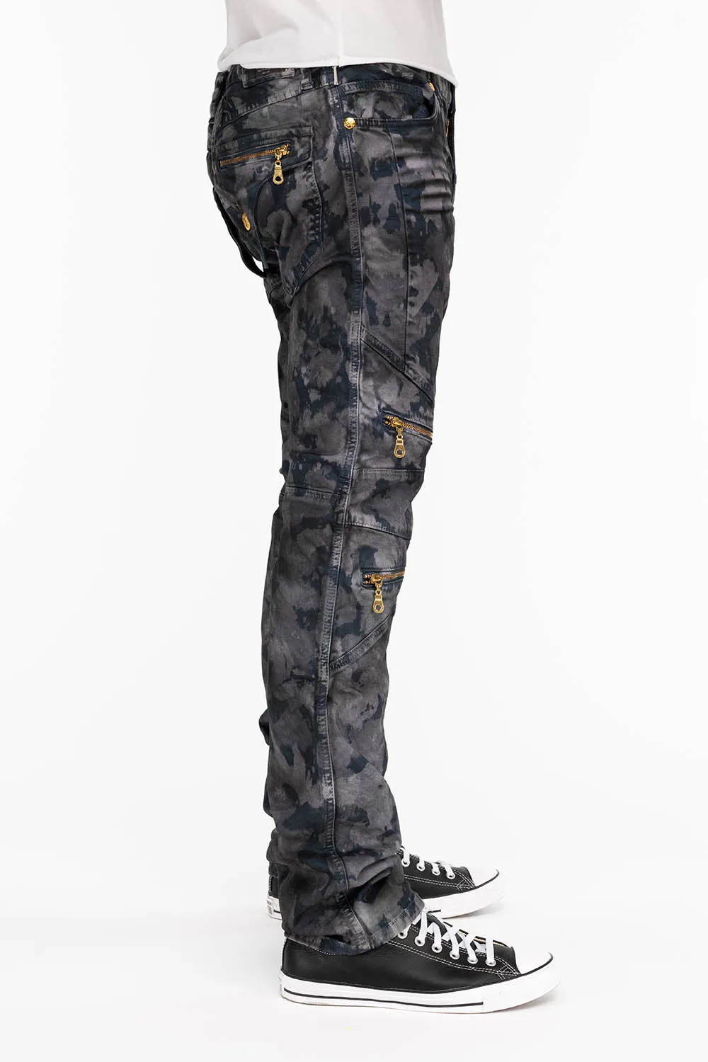 MENS BIKER JEANS IN TIE DYE CAMO GRAY