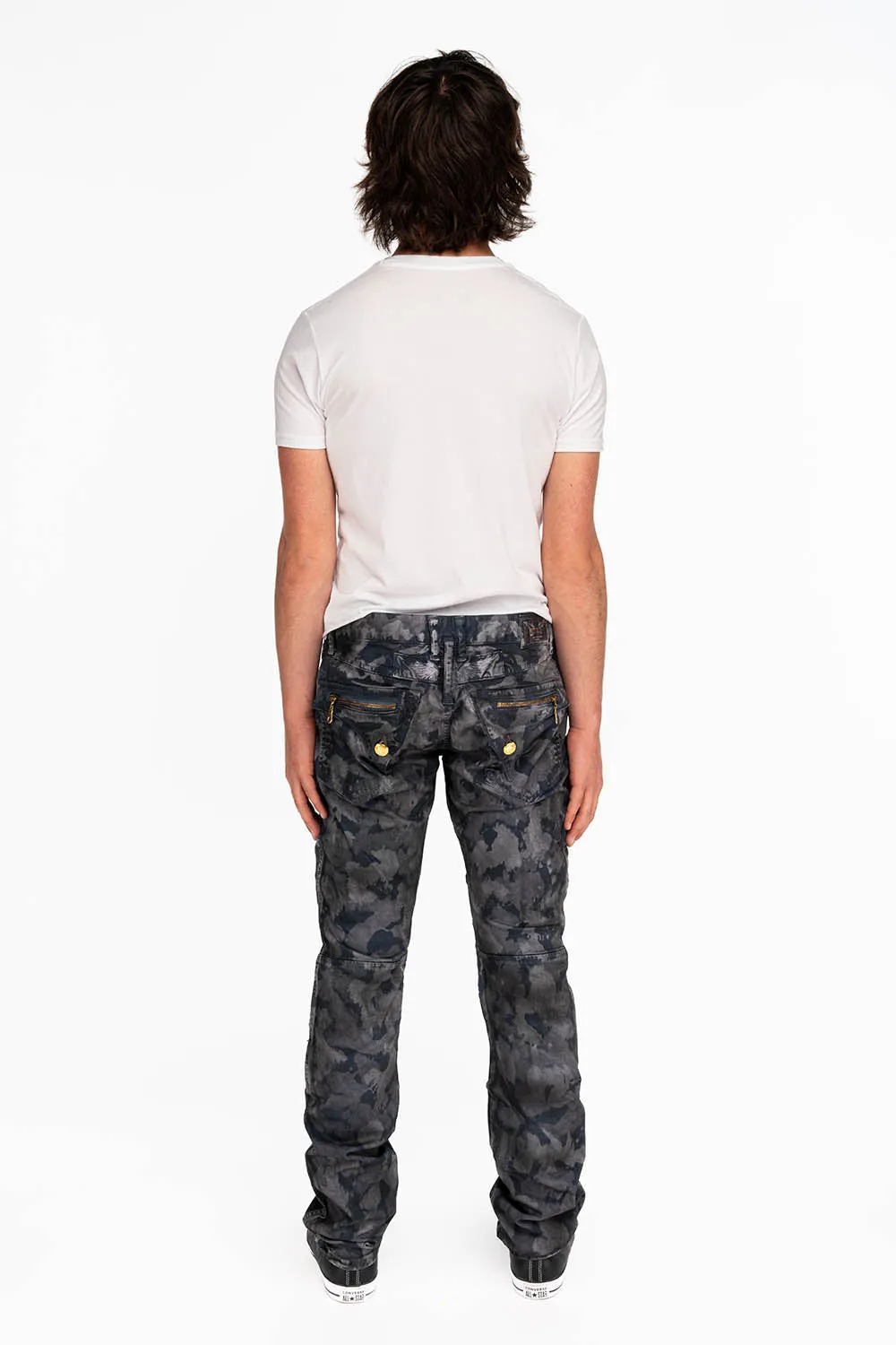 MENS BIKER JEANS IN TIE DYE CAMO GRAY