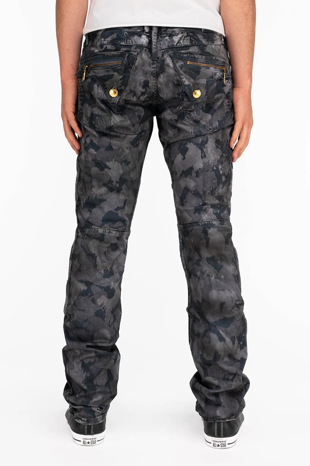 MENS BIKER JEANS IN TIE DYE CAMO GRAY