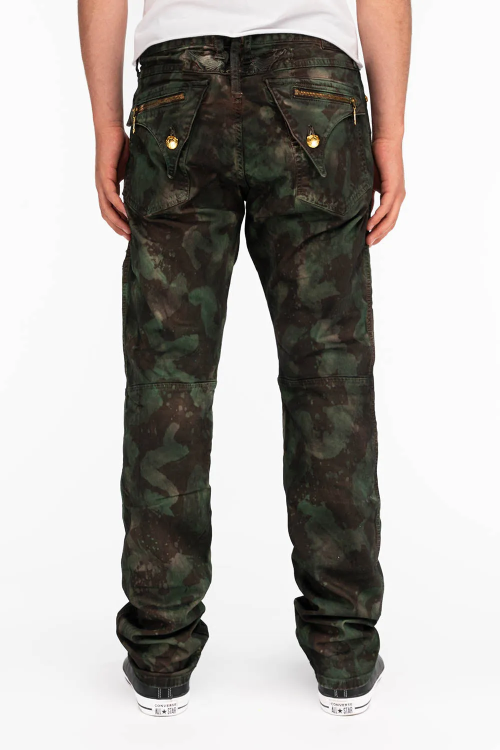 MENS BIKER JEANS IN TIE DYE CAMO GREEN