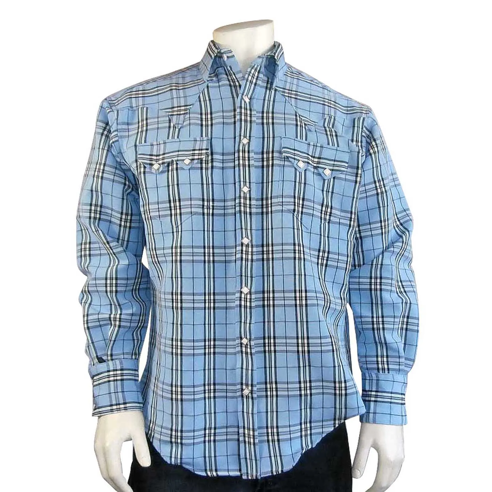 Men’s Blue & Black Windowpane Plaid Western Shirt