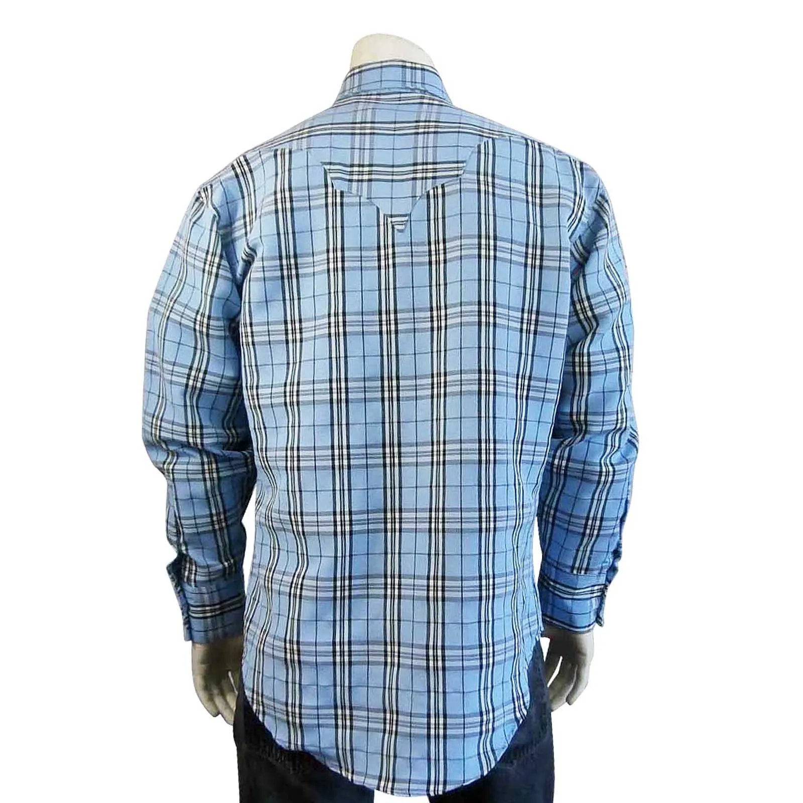 Men’s Blue & Black Windowpane Plaid Western Shirt