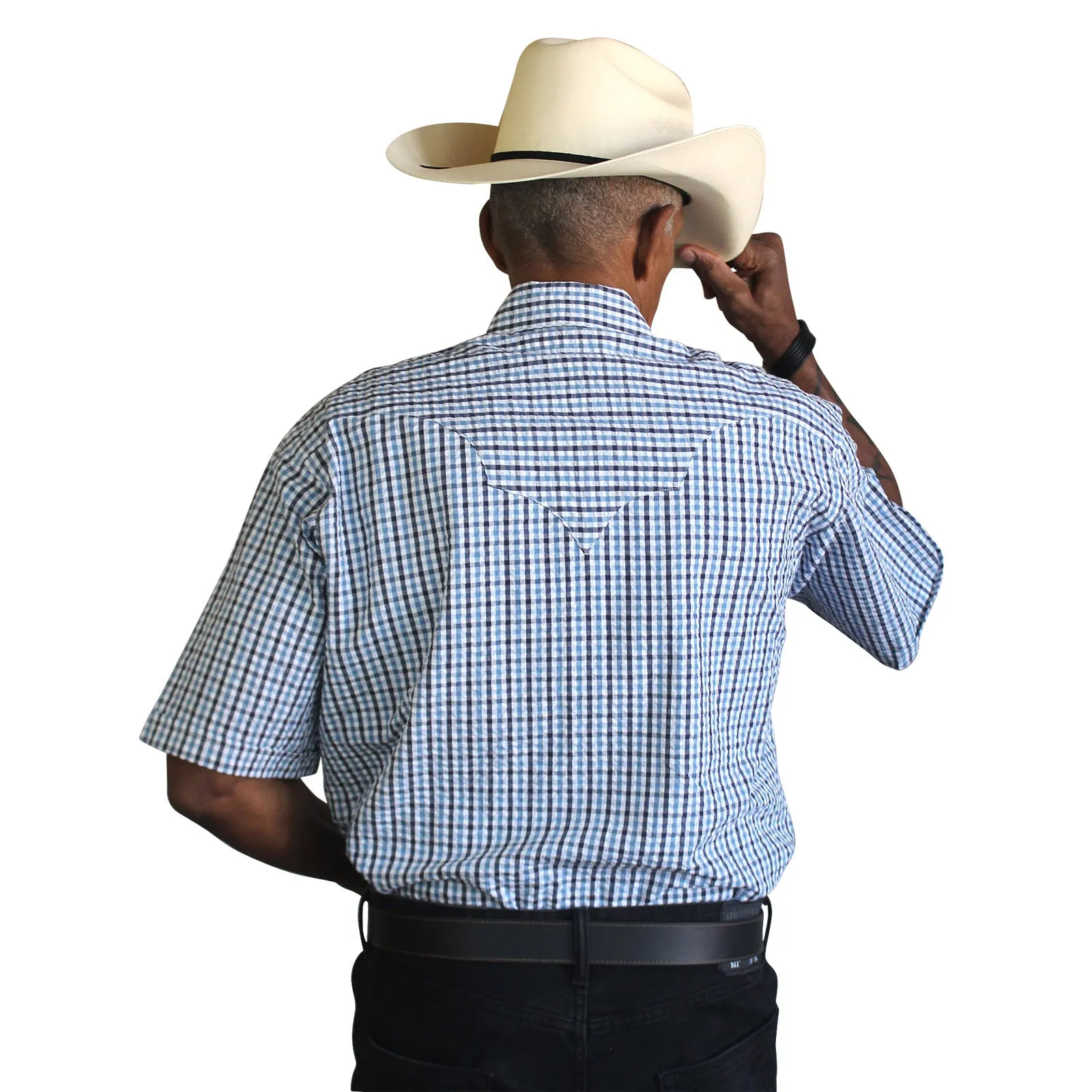 Men's Blue Seersucker Windowpane Check Short Sleeve Western Shirt