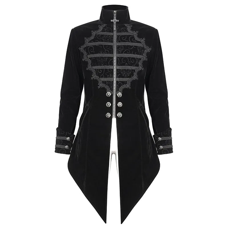 Men's Gothic Stand Collar Lace Splice Swallow-tailed Coat Black