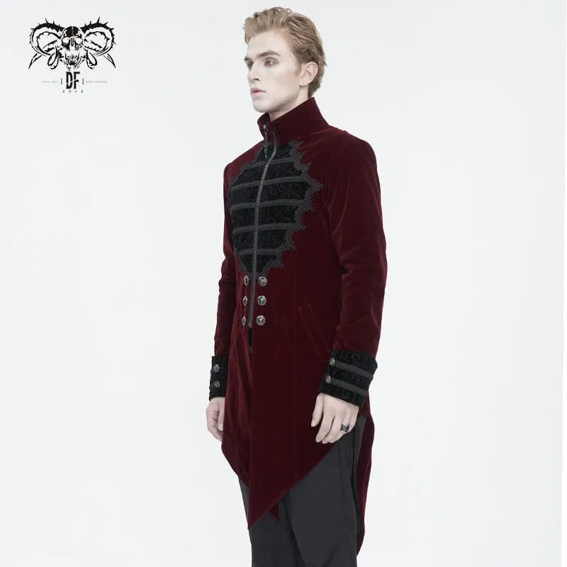 Men's Gothic Stand Collar Lace Splice Swallow-tailed Coat Red