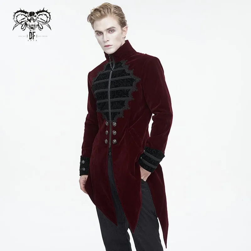 Men's Gothic Stand Collar Lace Splice Swallow-tailed Coat Red