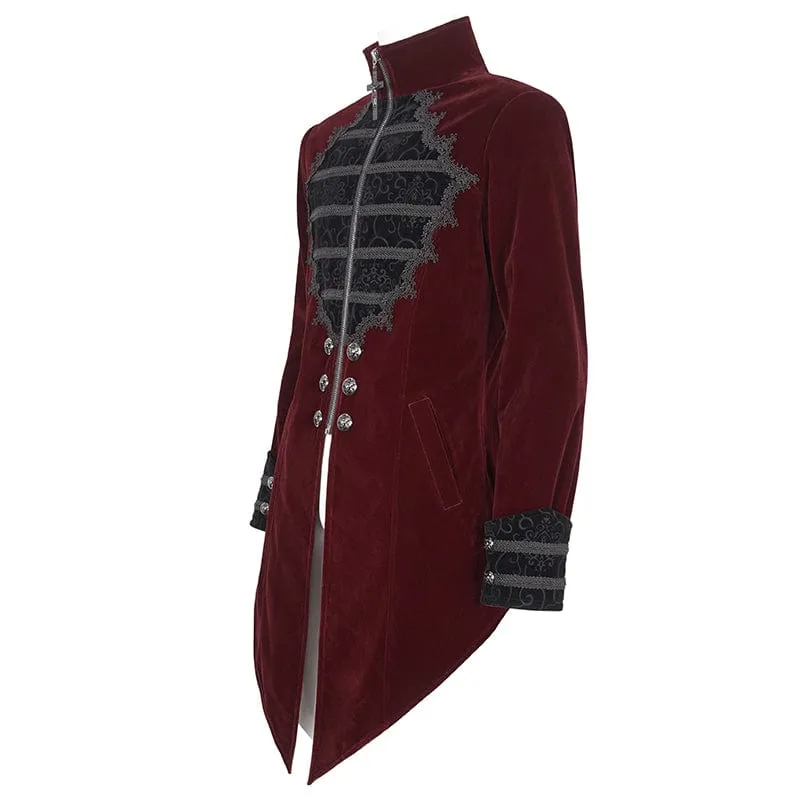 Men's Gothic Stand Collar Lace Splice Swallow-tailed Coat Red