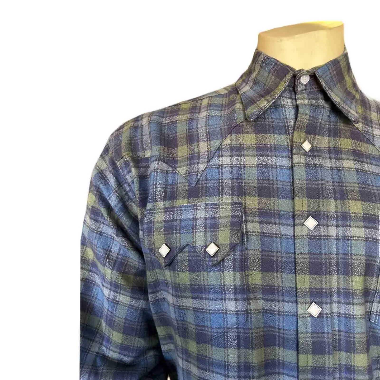 Men's Organic Plush Flannel Blue & Green Plaid Western Shirt