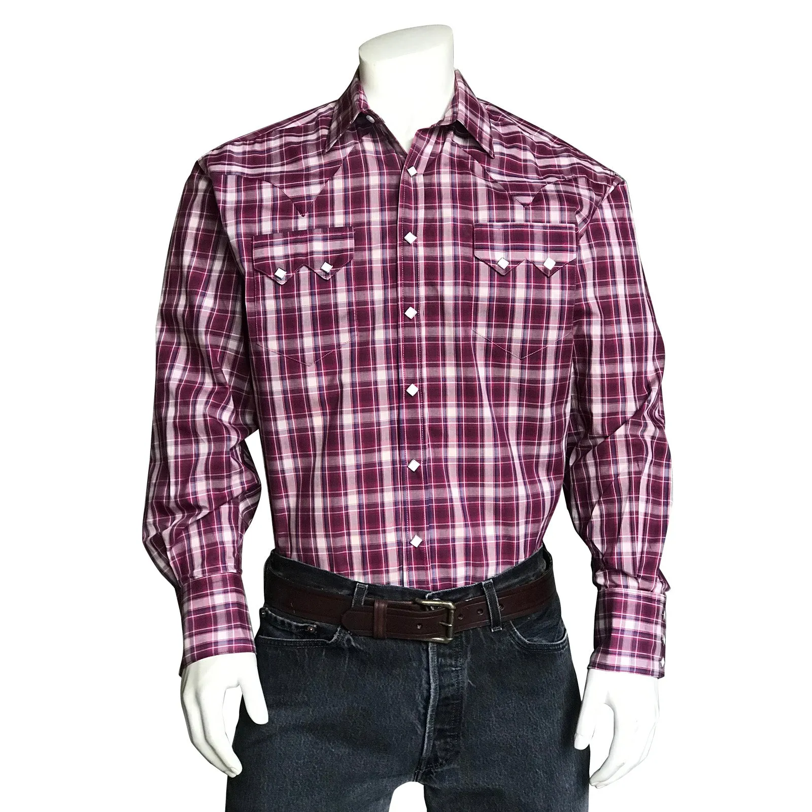 Men’s Plum Pima Cotton Windowpane Plaid Western Shirt