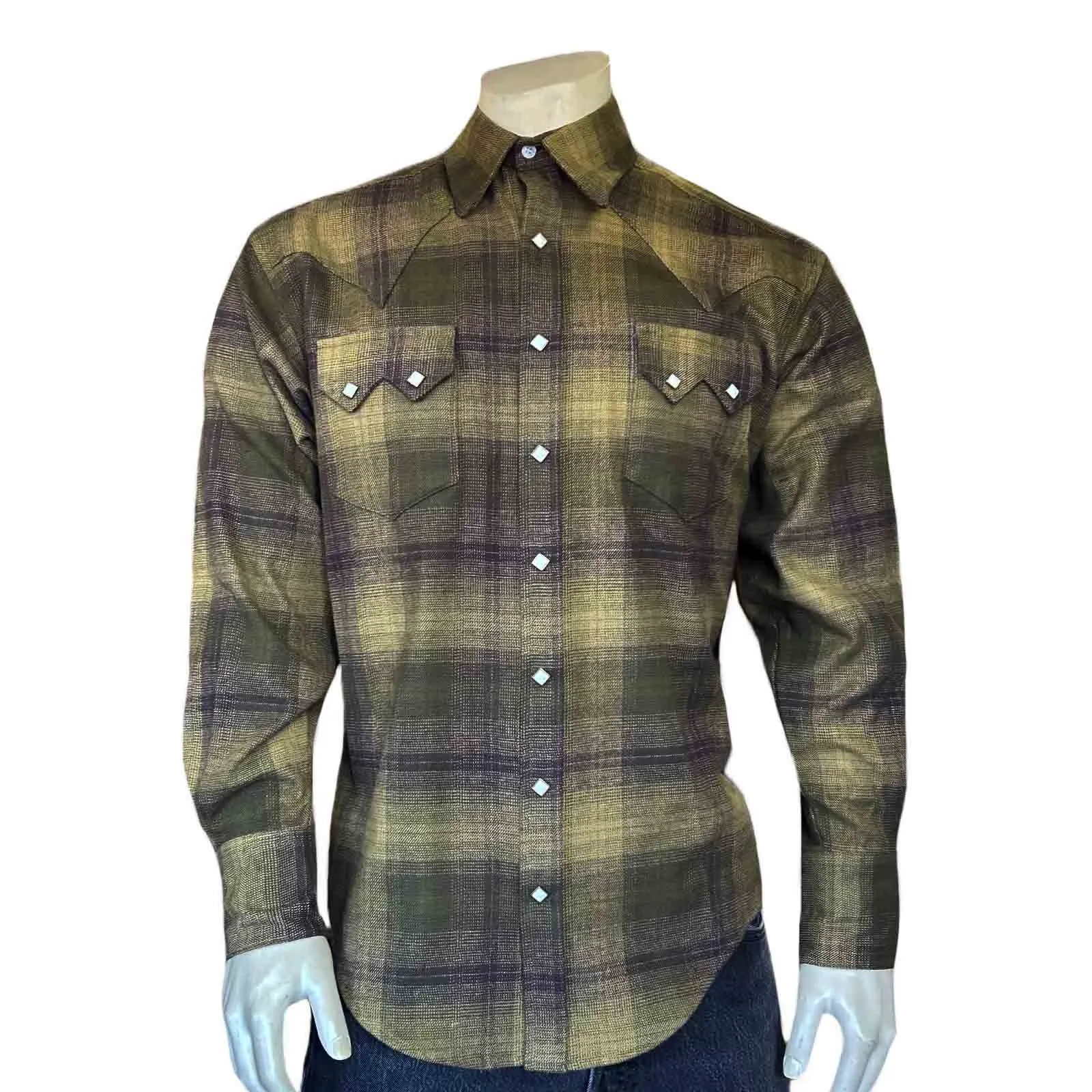 Men's Plush Flannel Olive & Grey Plaid Western Shirt