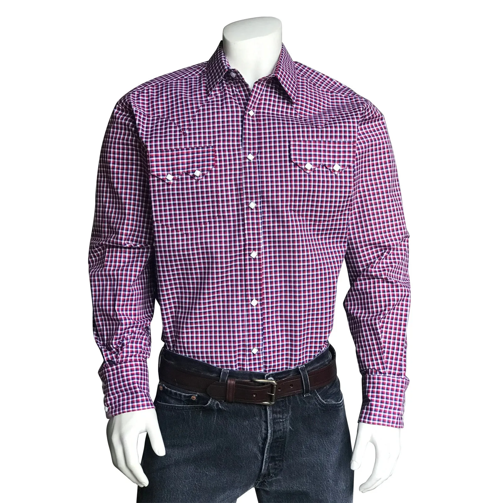 Men’s Red, White & Navy Windowpane Check Western Shirt