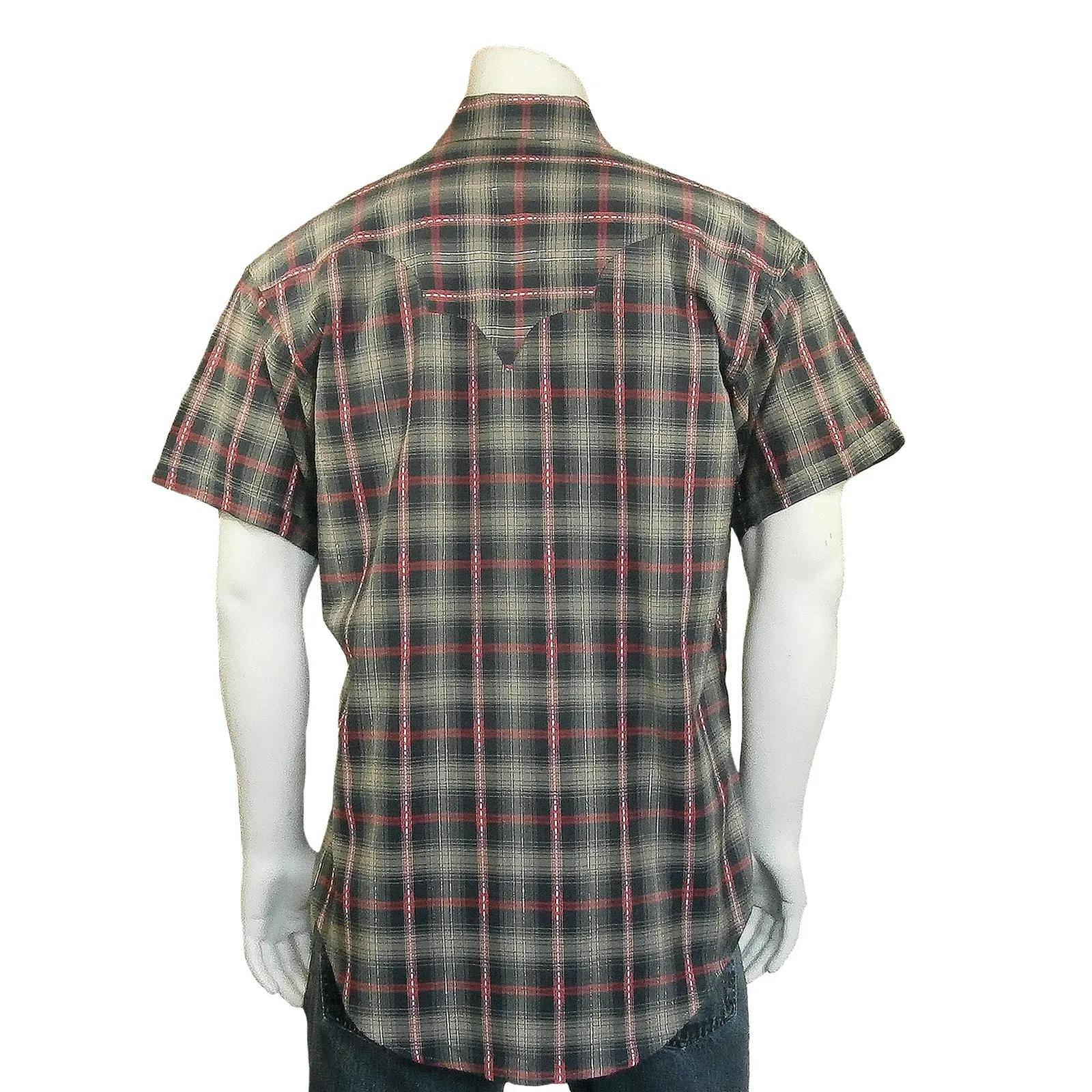 Men's Short Sleeve Shadow Plaid Dobby Lurex Western Shirt in Black