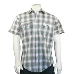 Men's Short Sleeve Shadow Plaid Dobby Lurex Western Shirt in Grey