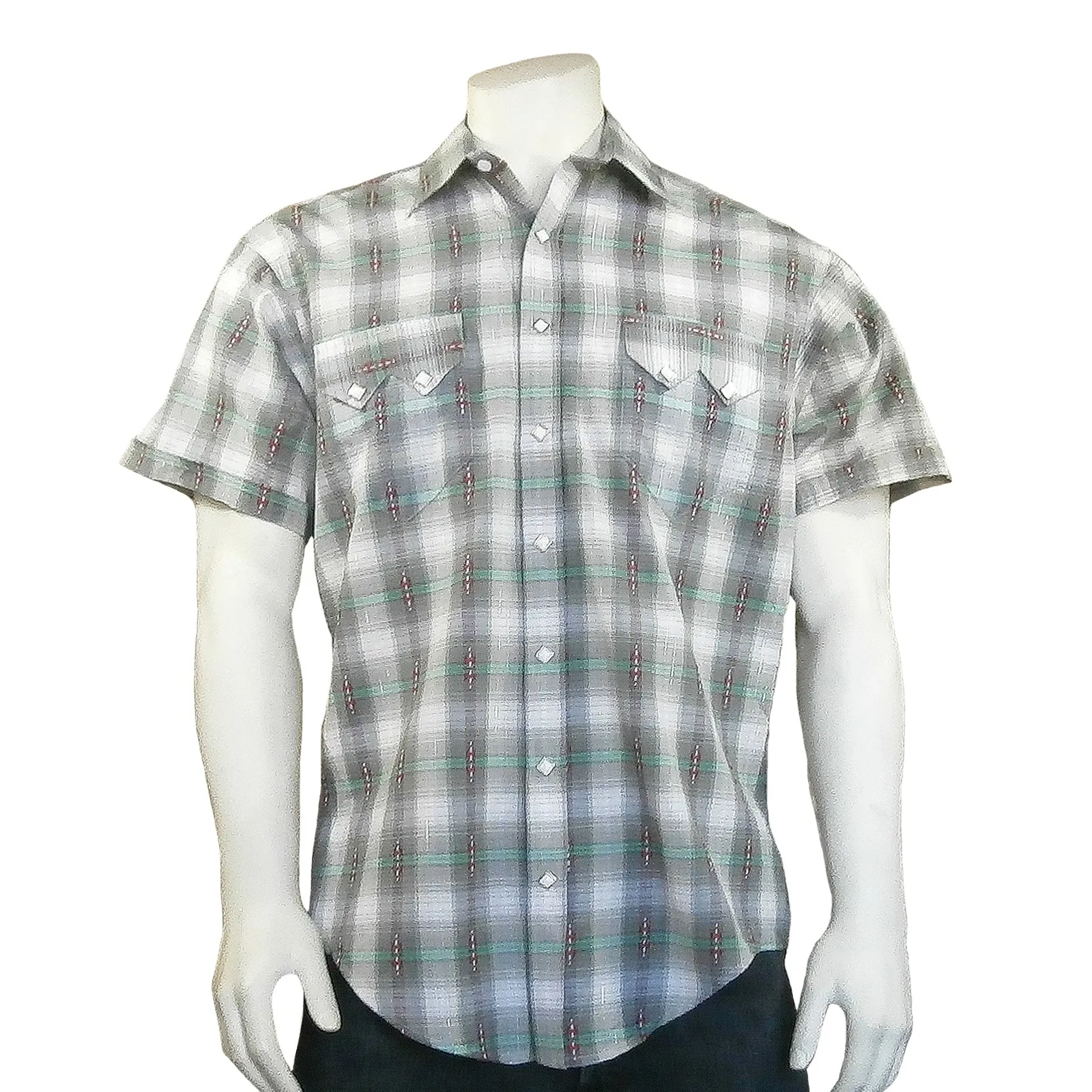 Men's Short Sleeve Shadow Plaid Dobby Lurex Western Shirt in Grey