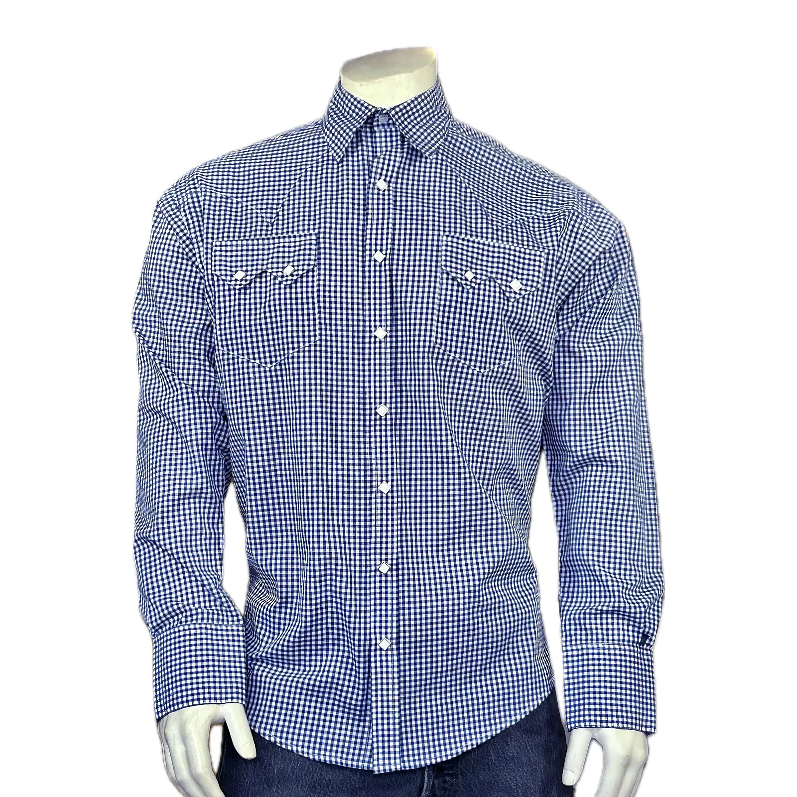 Men's Slim Fit Navy Gingham Check Western Shirt