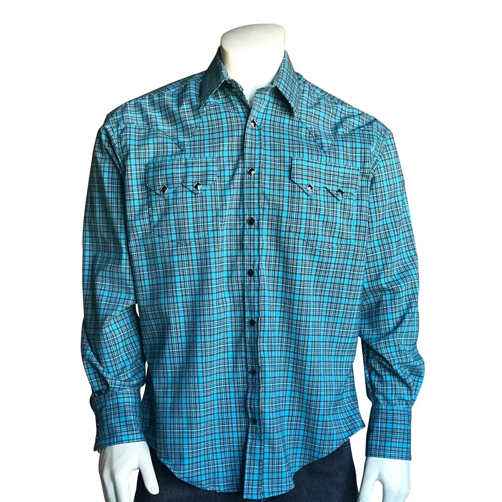 Men’s Turquoise & Black Windowpane Check Western Shirt