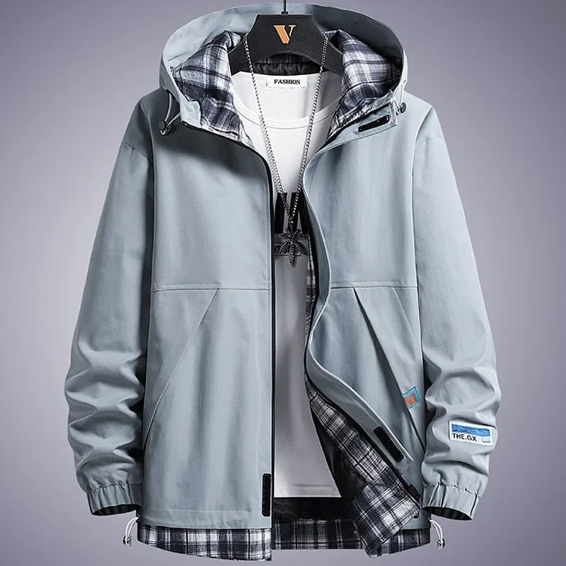 Men's Windbreaker Jackets Spring Autumn Fashion Patchwork Plaid Hooded Coat Male Clothing Casual Jackets 8XL