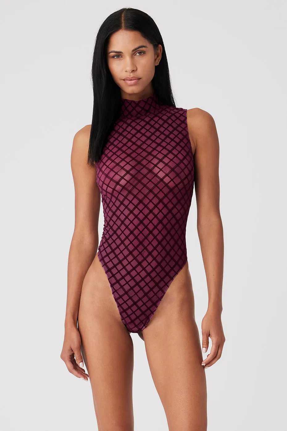 Mesh Plaid Mock Neck Bodysuit - Wild Berry