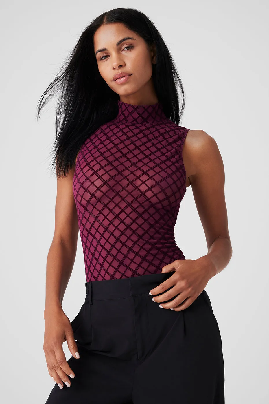 Mesh Plaid Mock Neck Bodysuit - Wild Berry