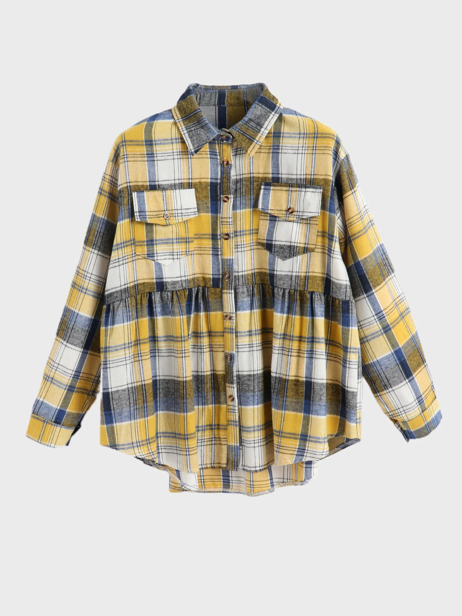 Midsize Lapel Long Sleeve Plaid Shirt with Pocket