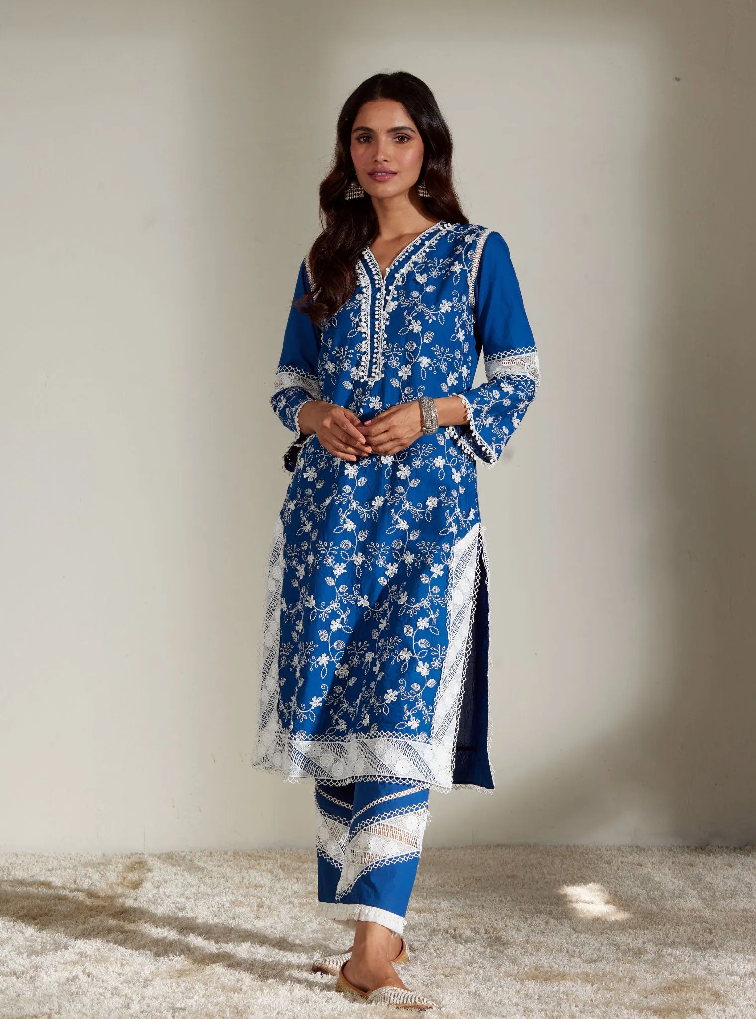 Mulmul Cotton Alice Navy Kurta with Alice Navy Pant