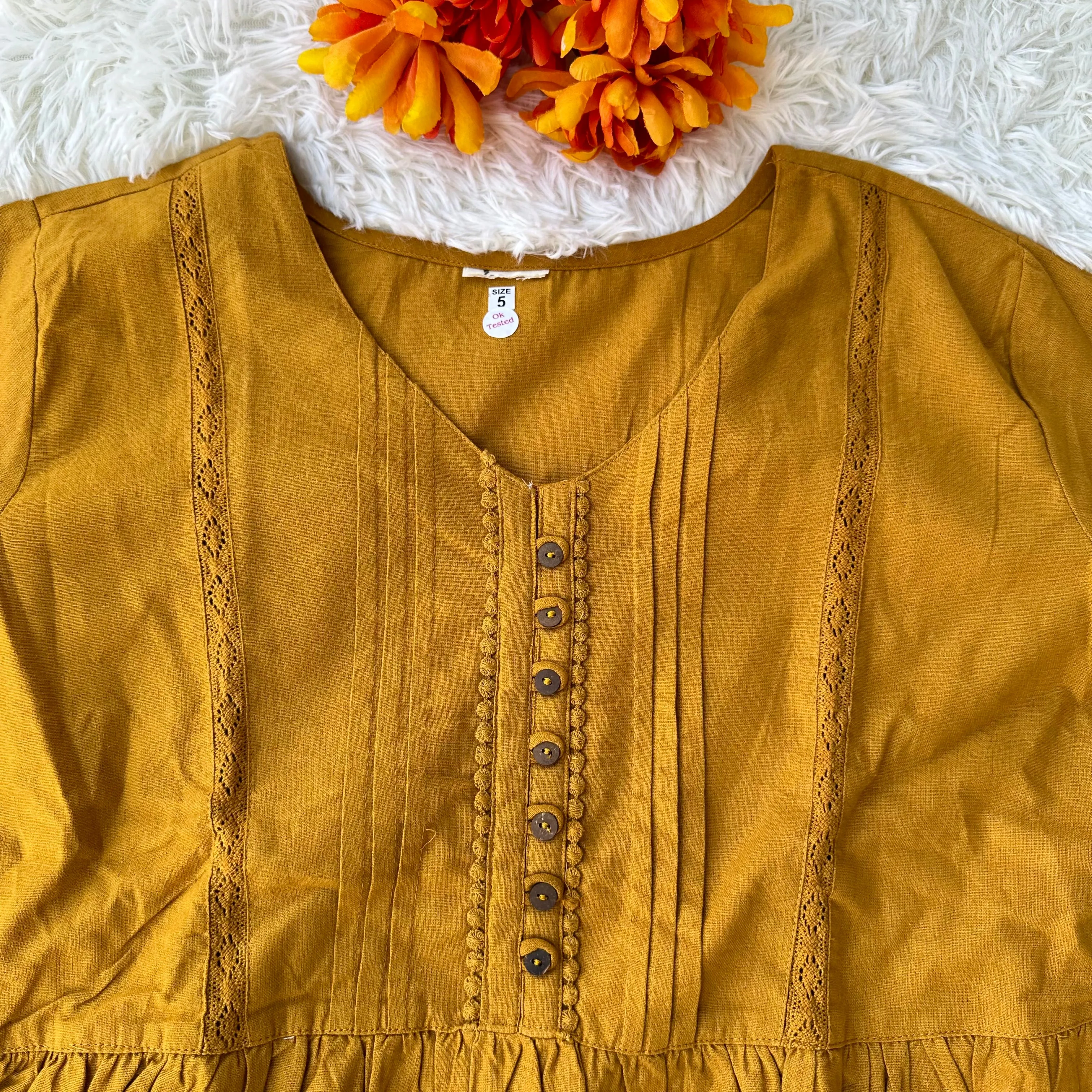 Mustard Grace: Embellished Gathered Tunic in Comfortable Cotton Flex