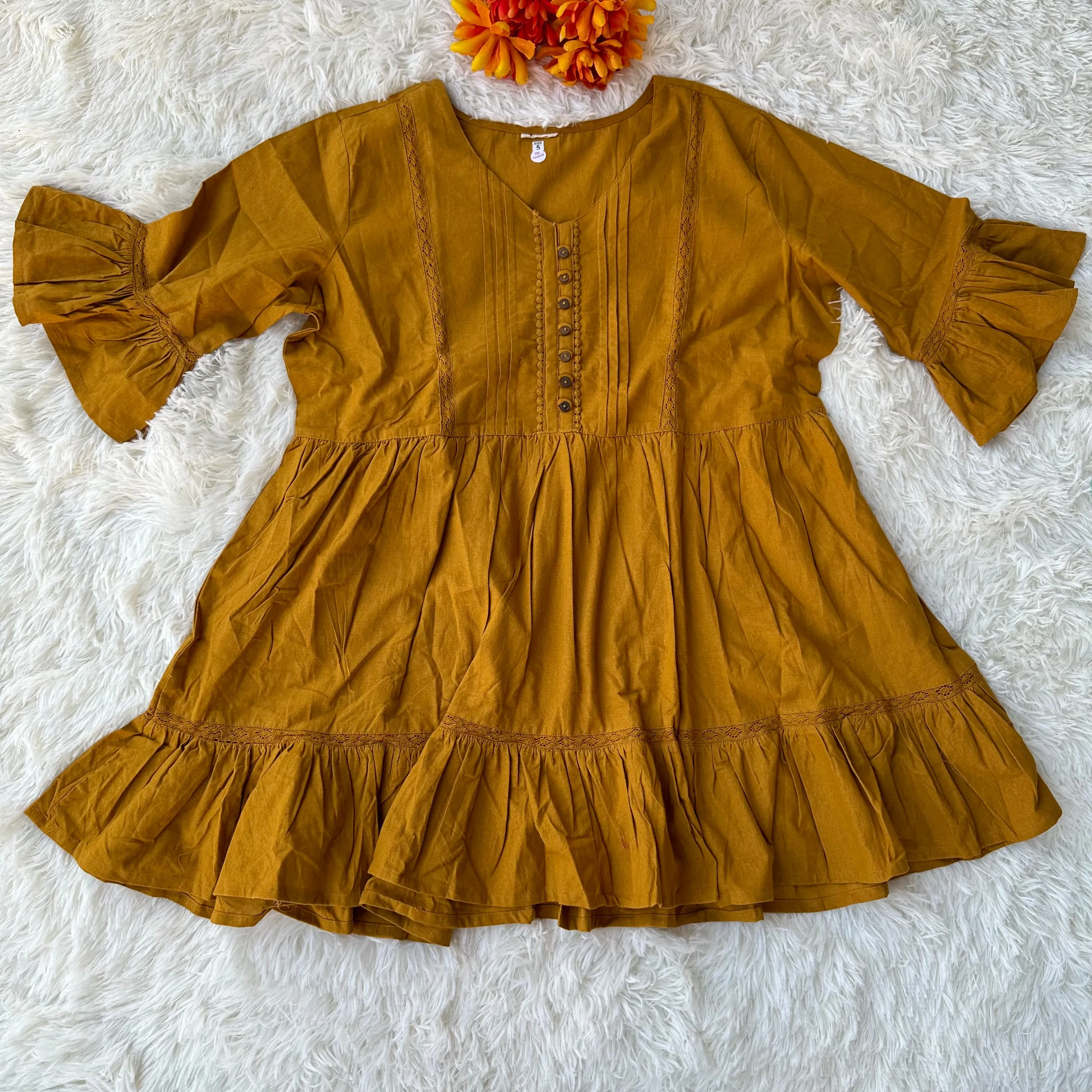 Mustard Grace: Embellished Gathered Tunic in Comfortable Cotton Flex