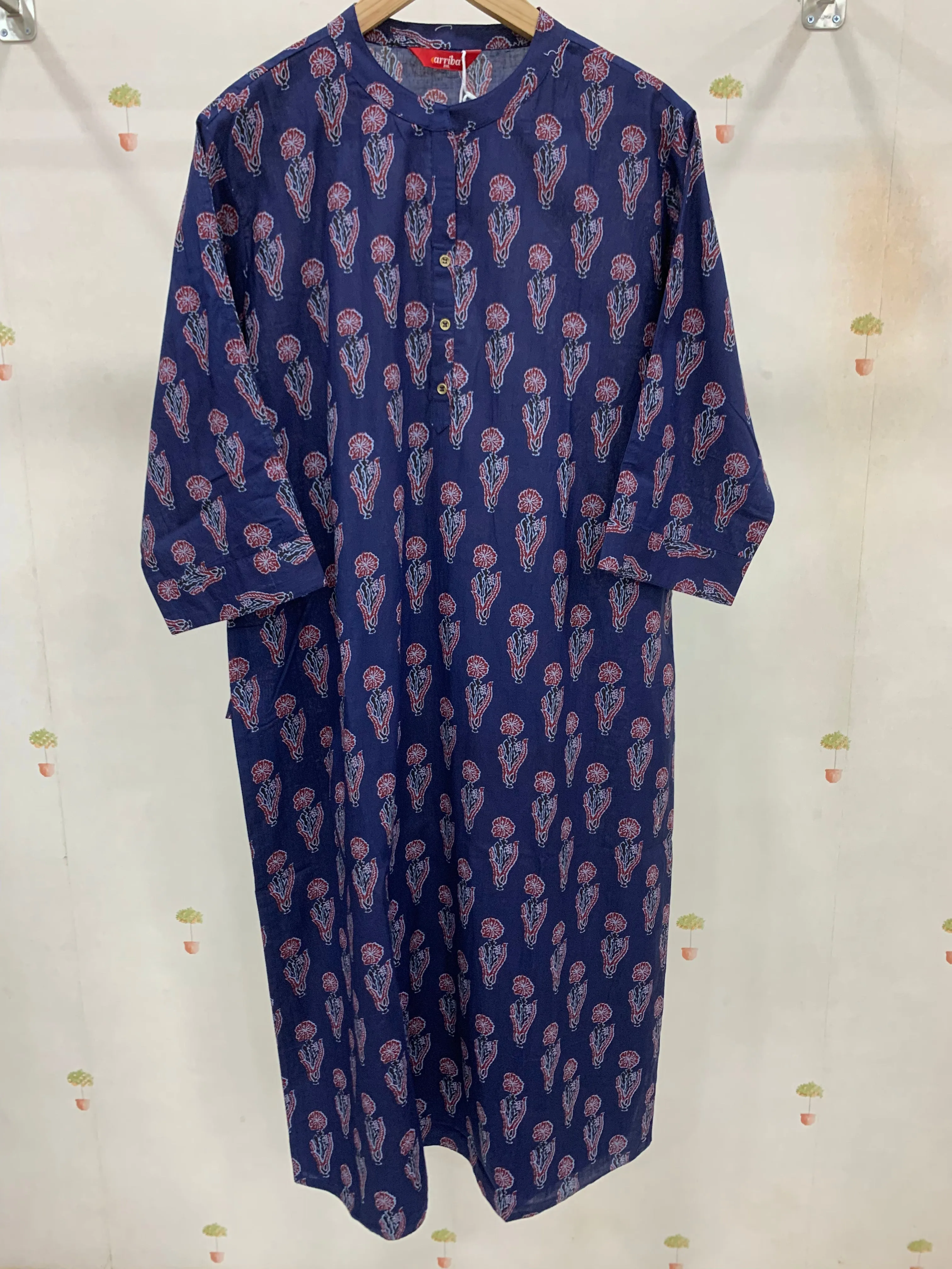 NAVY BLUE COTTON BLOCK PRINTED KURTA