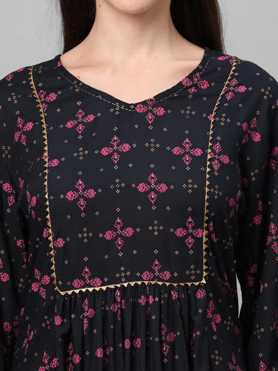 Navy Blue Ornamental Printed Tunic