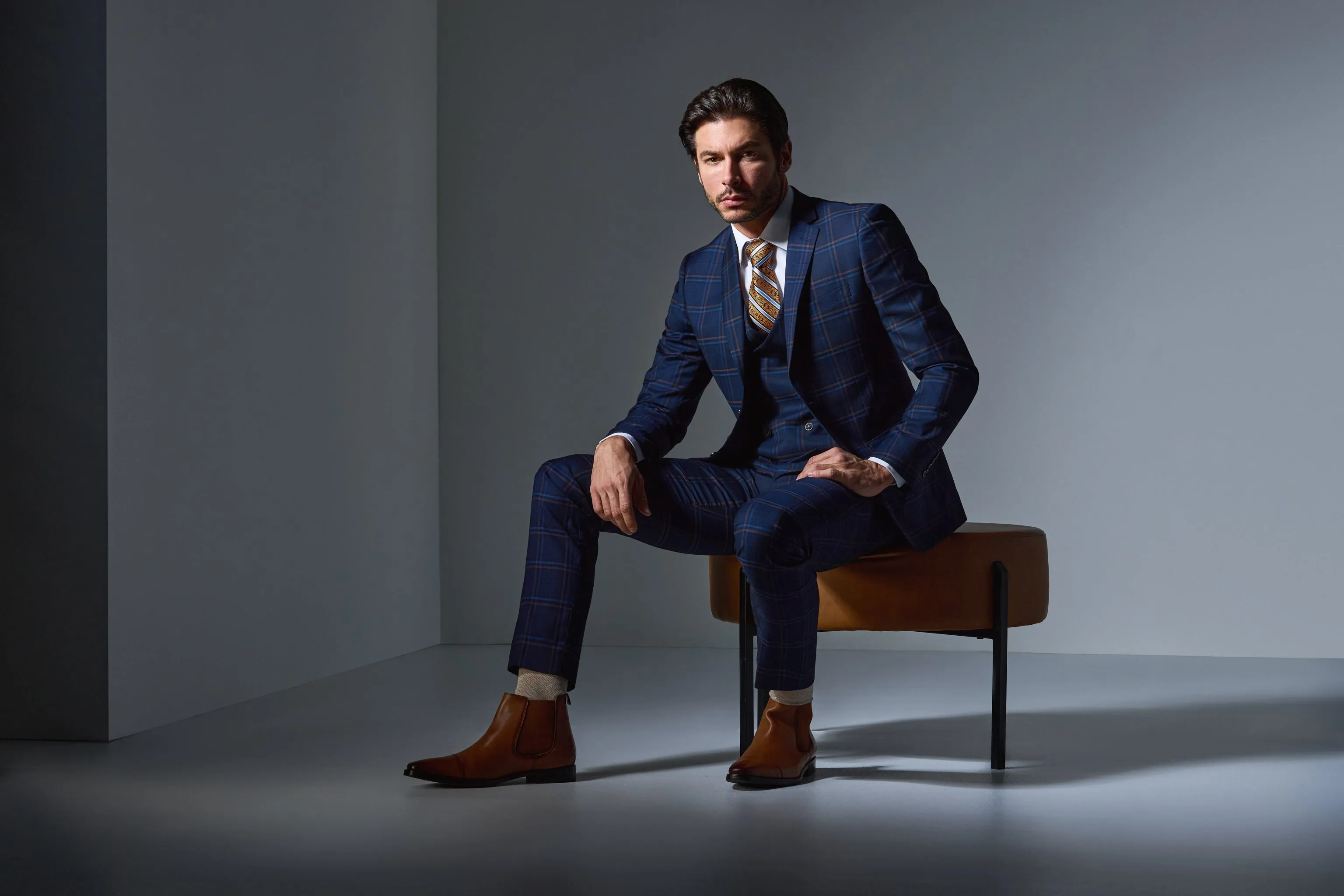 Navy Rust Plaid 3 Piece Suit