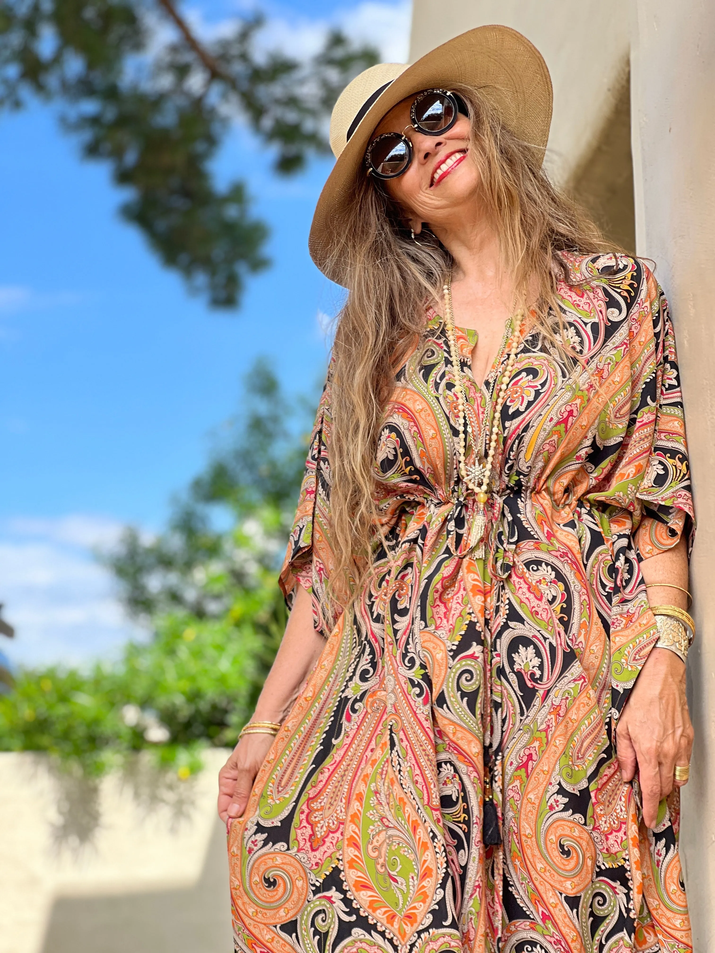 Nera Principessa Paisley Italian Silk Maxi Kaftan Dress