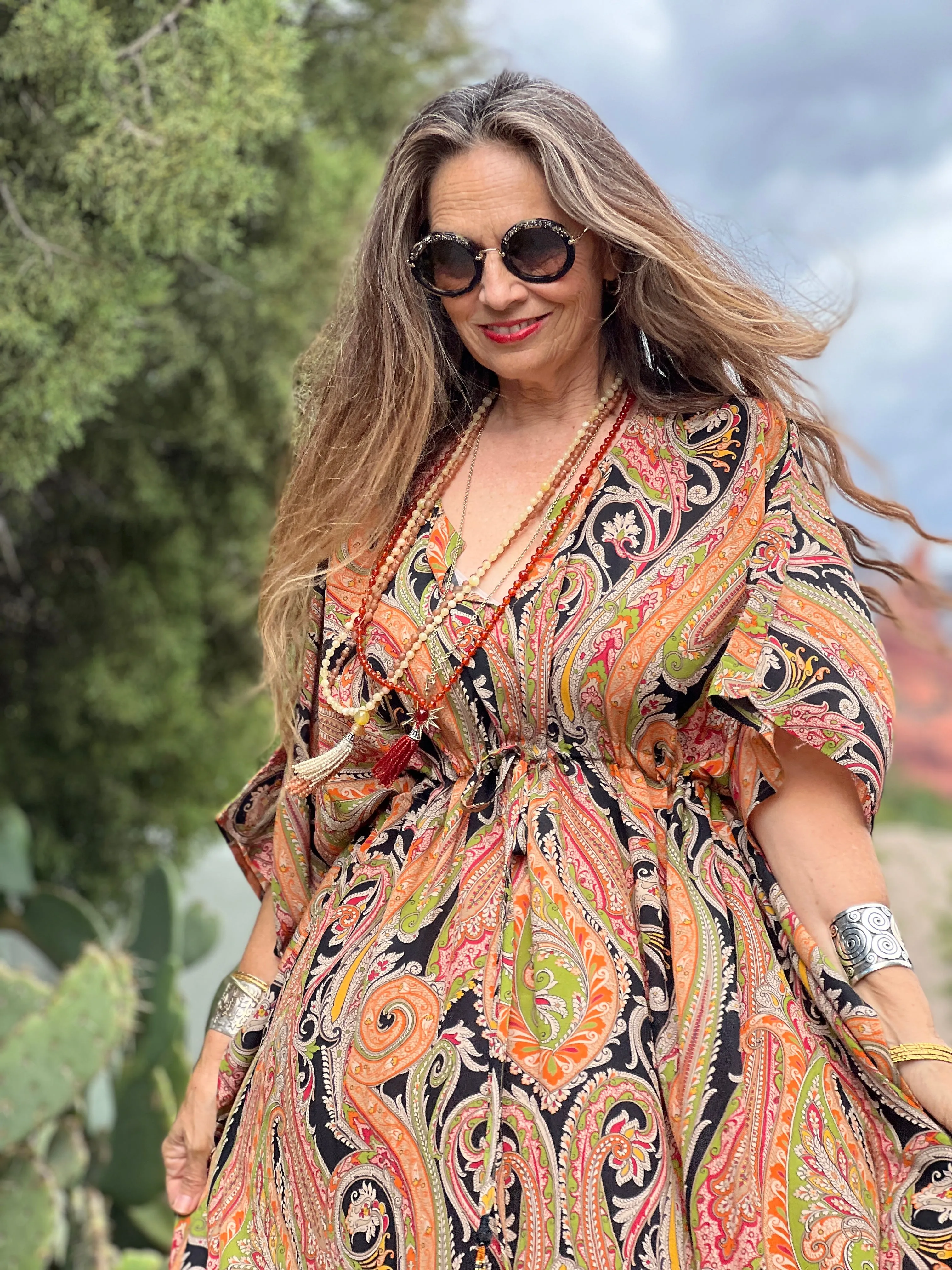 Nera Principessa Paisley Italian Silk Maxi Kaftan Dress